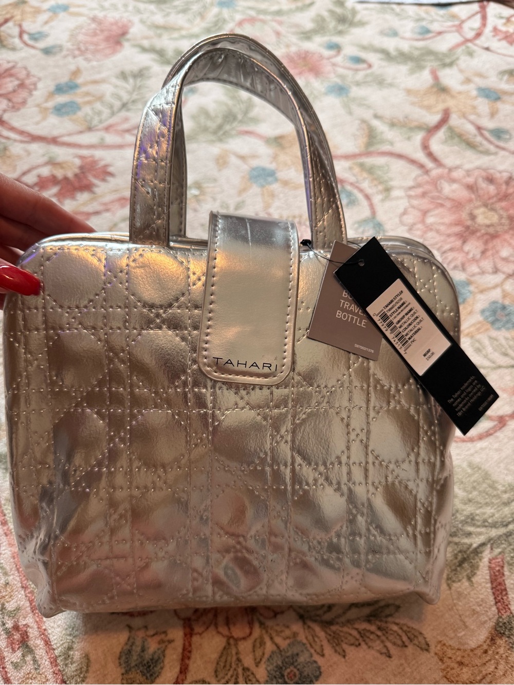 Tahari Silver Quilted Metallic Cosmetic Case